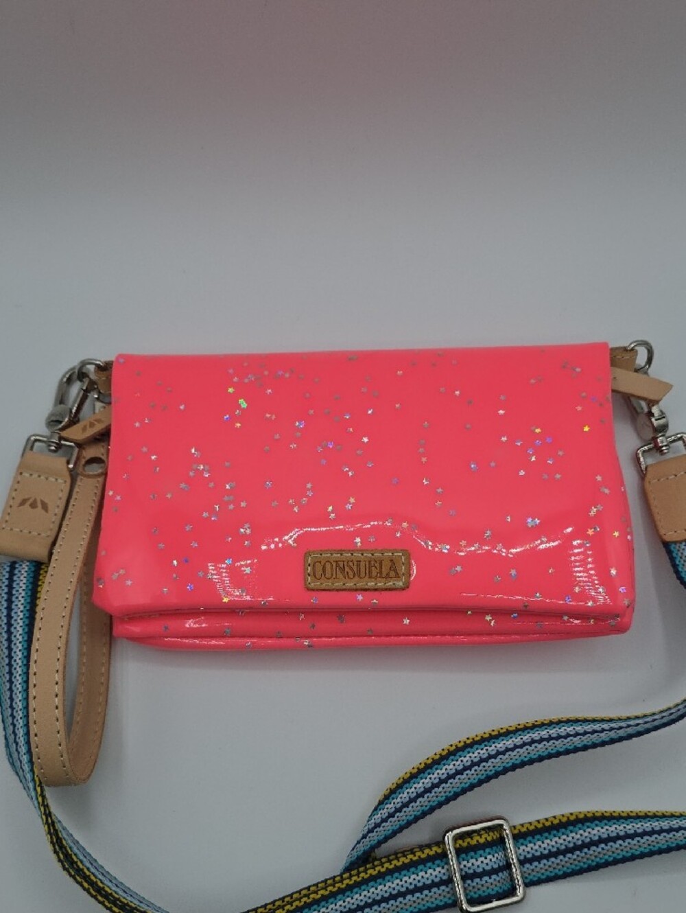 Consuela Neon Pink Glitter Crossbody with Striped Strap